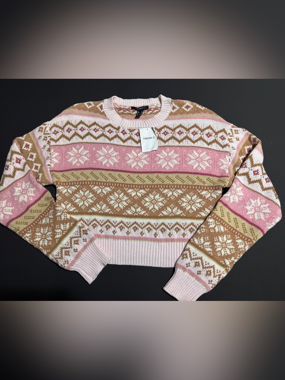 Forever 21 Pink & Brown Fair Isle Knit Sweater Cropped BRAND NEW Sz M